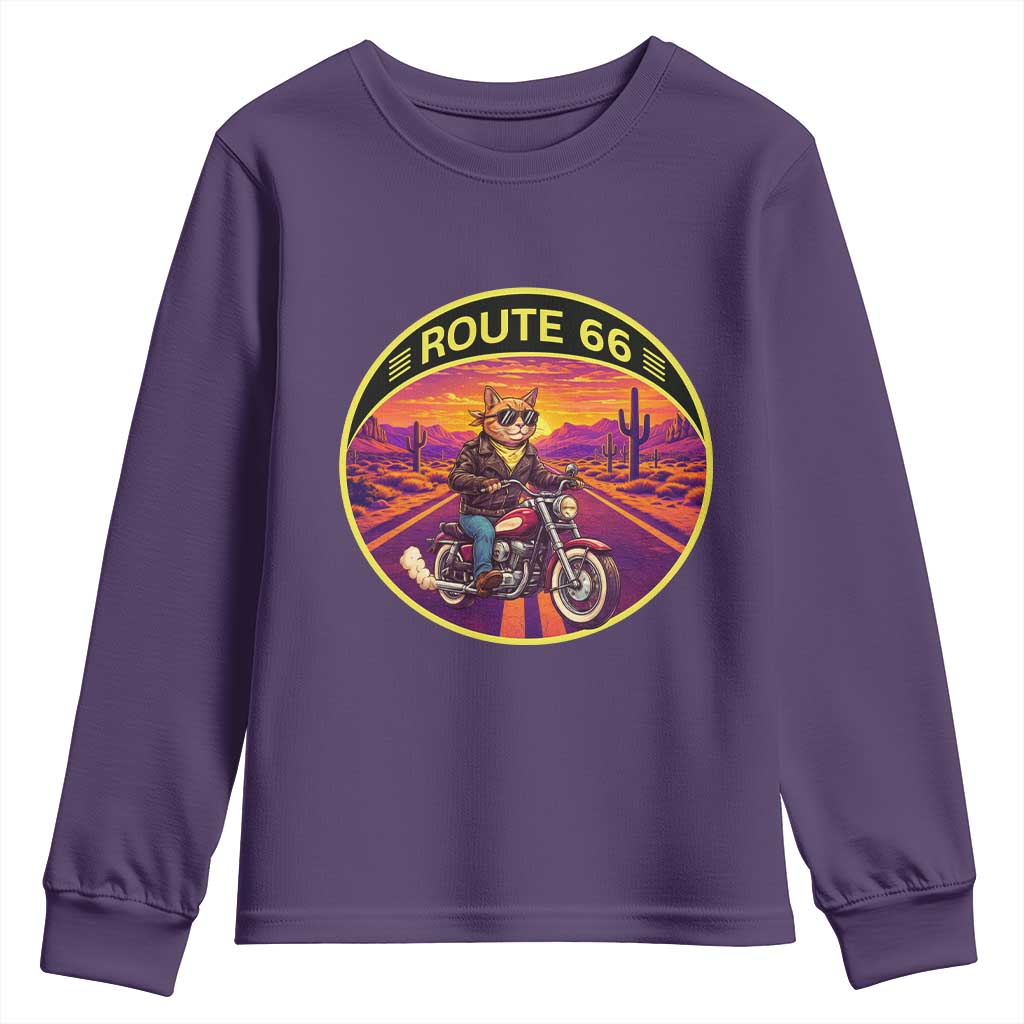 Route Highway 66 Motorcycle Cat Youth Sweatshirt Open Road Adventure Neon TS12 Purple Print Your Wear