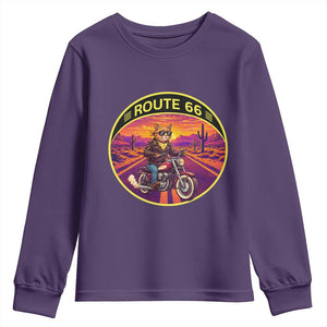 Route Highway 66 Motorcycle Cat Youth Sweatshirt Open Road Adventure Neon TS12 Purple Print Your Wear
