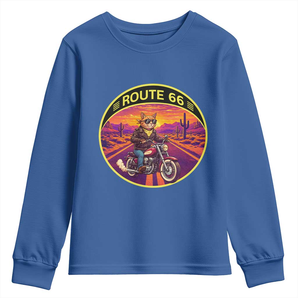 Route Highway 66 Motorcycle Cat Youth Sweatshirt Open Road Adventure Neon TS12 Royal Blue Print Your Wear