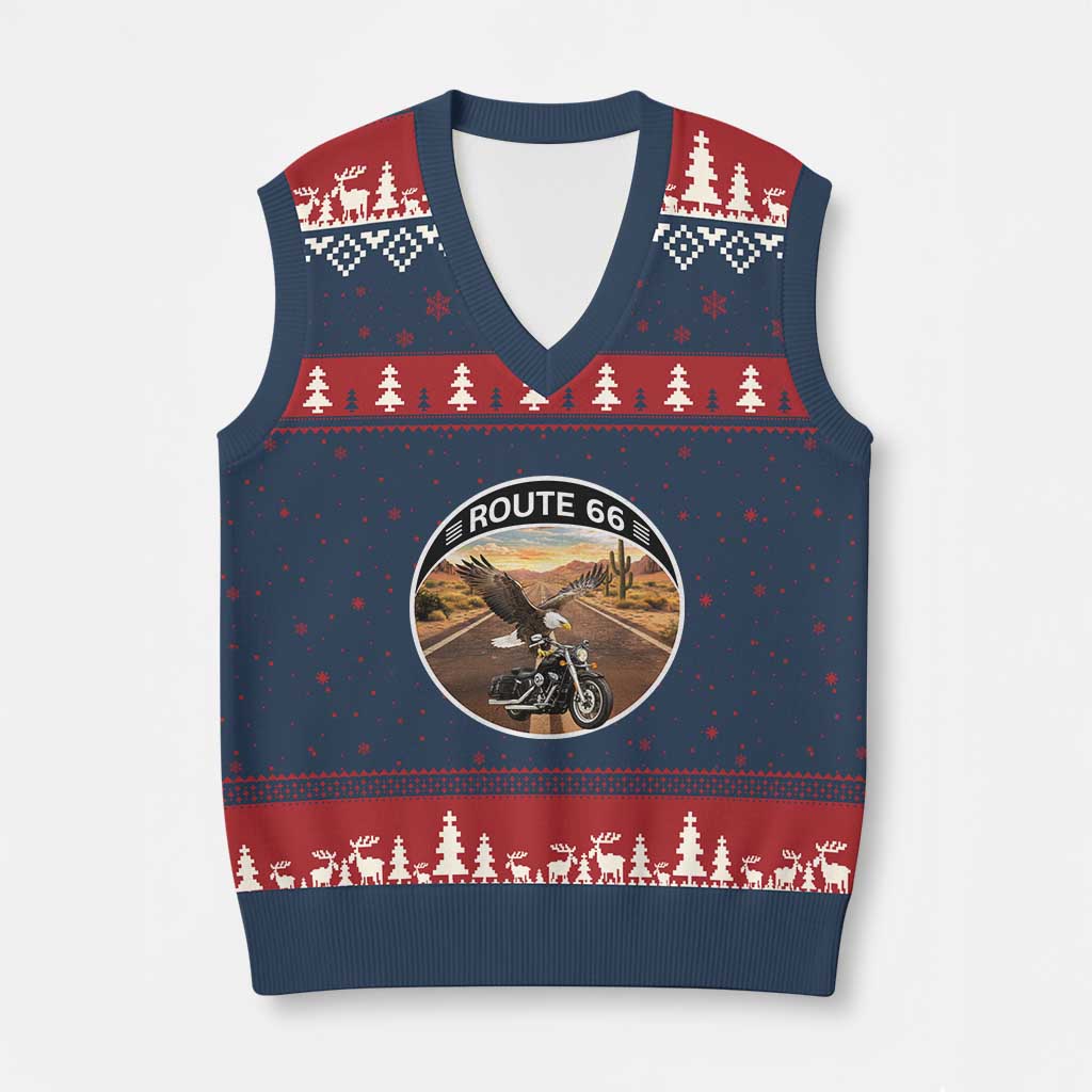 Route Highway 66 Motorcycle Eagle V-Neck Knit Sweater Vest Americana Adventure TS12 Navy Red Print Your Wear