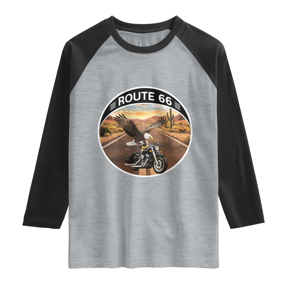 Route Highway 66 Motorcycle Eagle Raglan Shirt Americana Adventure TS12 Heather Gray Black Print Your Wear