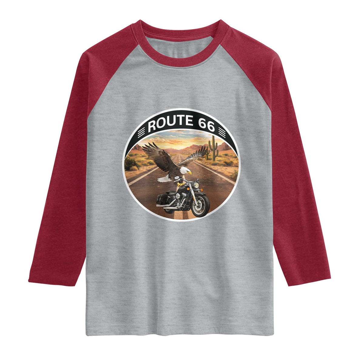 Route Highway 66 Motorcycle Eagle Raglan Shirt Americana Adventure TS12 Heather Gray Heather Red Print Your Wear