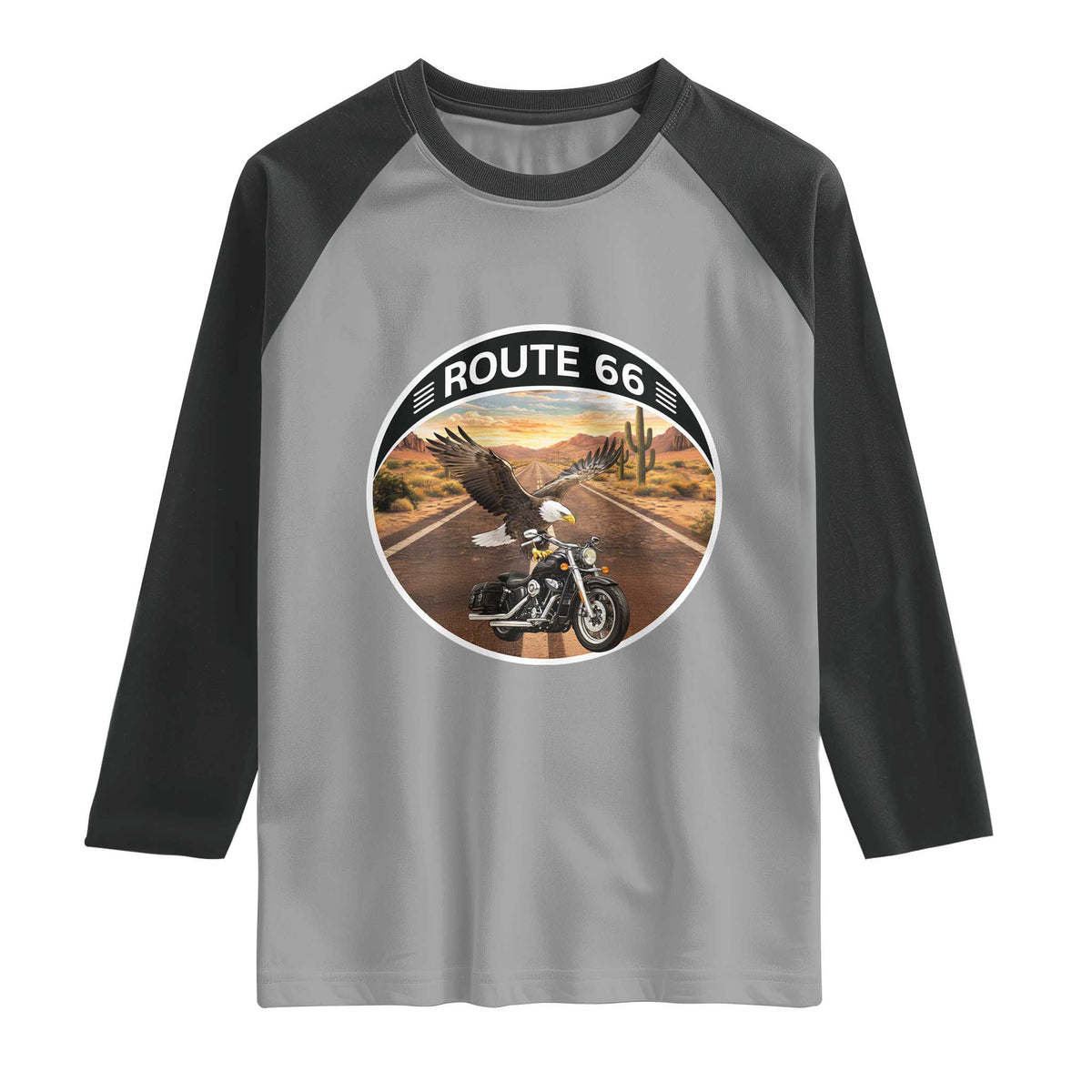 Route Highway 66 Motorcycle Eagle Raglan Shirt Americana Adventure TS12 Sport Gray Black Print Your Wear