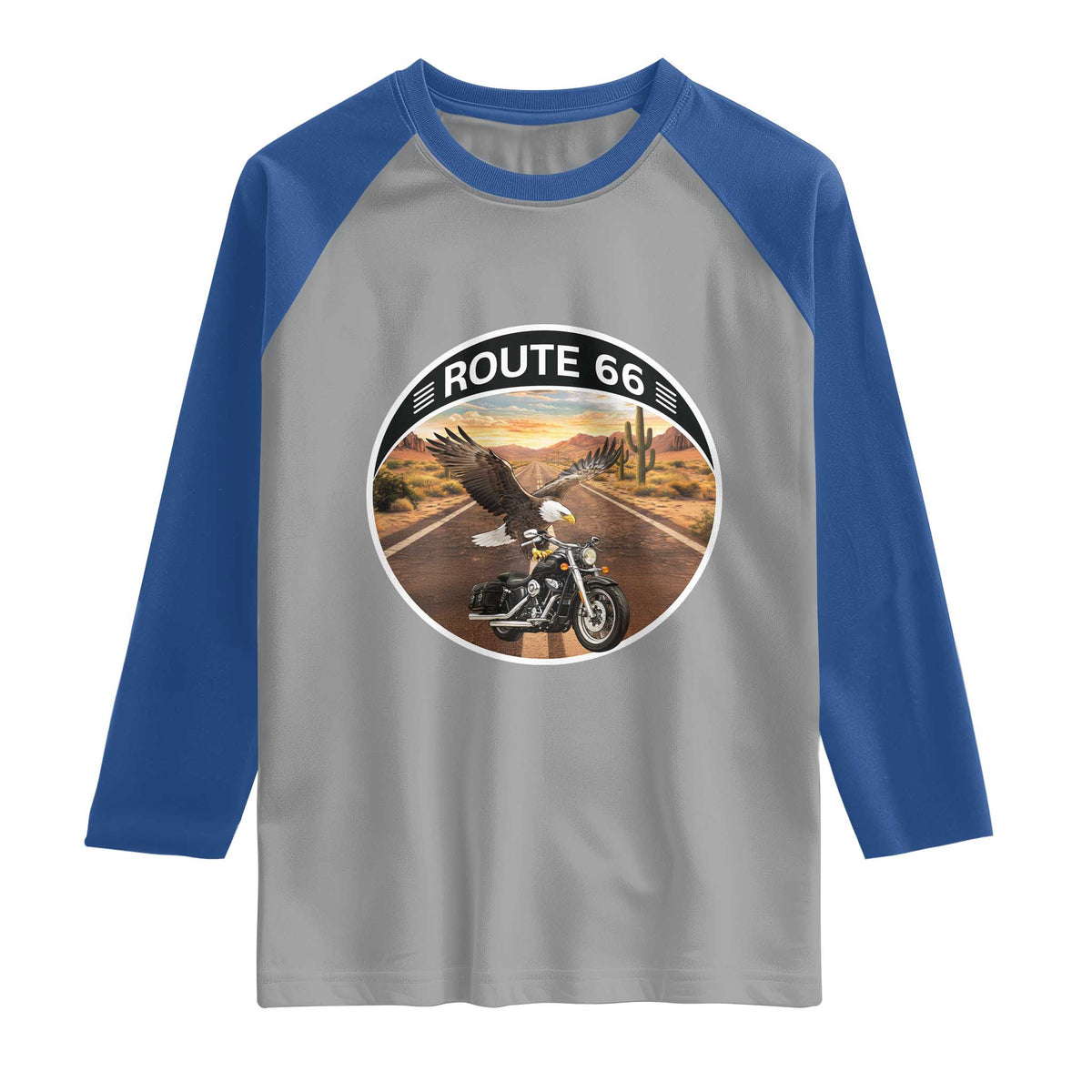 Route Highway 66 Motorcycle Eagle Raglan Shirt Americana Adventure TS12 Sport Gray Royal Print Your Wear