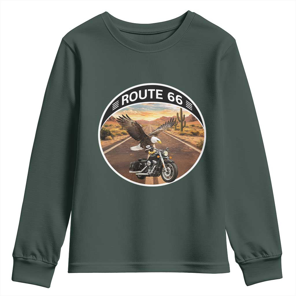 Route Highway 66 Motorcycle Eagle Youth Sweatshirt Americana Adventure TS12 Dark Forest Green Print Your Wear