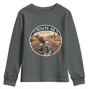 Route Highway 66 Motorcycle Eagle Youth Sweatshirt Americana Adventure TS12 Dark Heather Print Your Wear