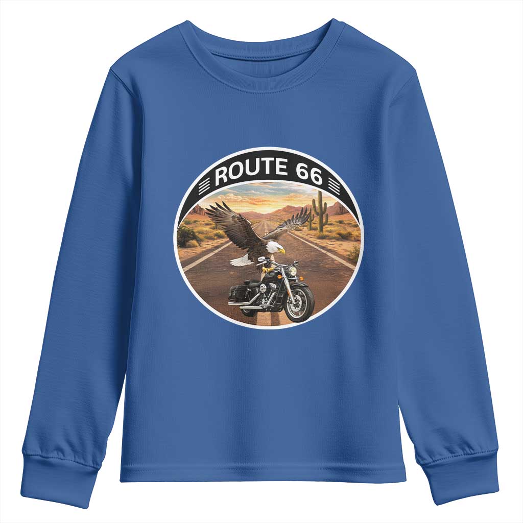 Route Highway 66 Motorcycle Eagle Youth Sweatshirt Americana Adventure TS12 Royal Blue Print Your Wear
