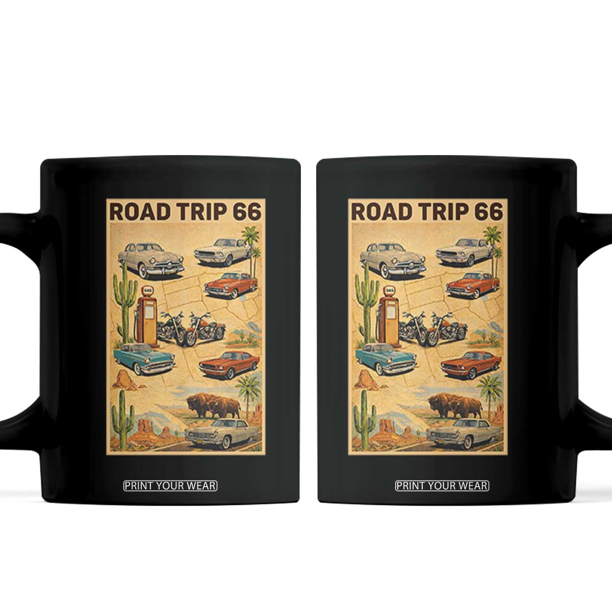 Vintage Route Highway 66 Road Trip Poster Coffee Mug Open Road Adventure TS12 Black Print Your Wear