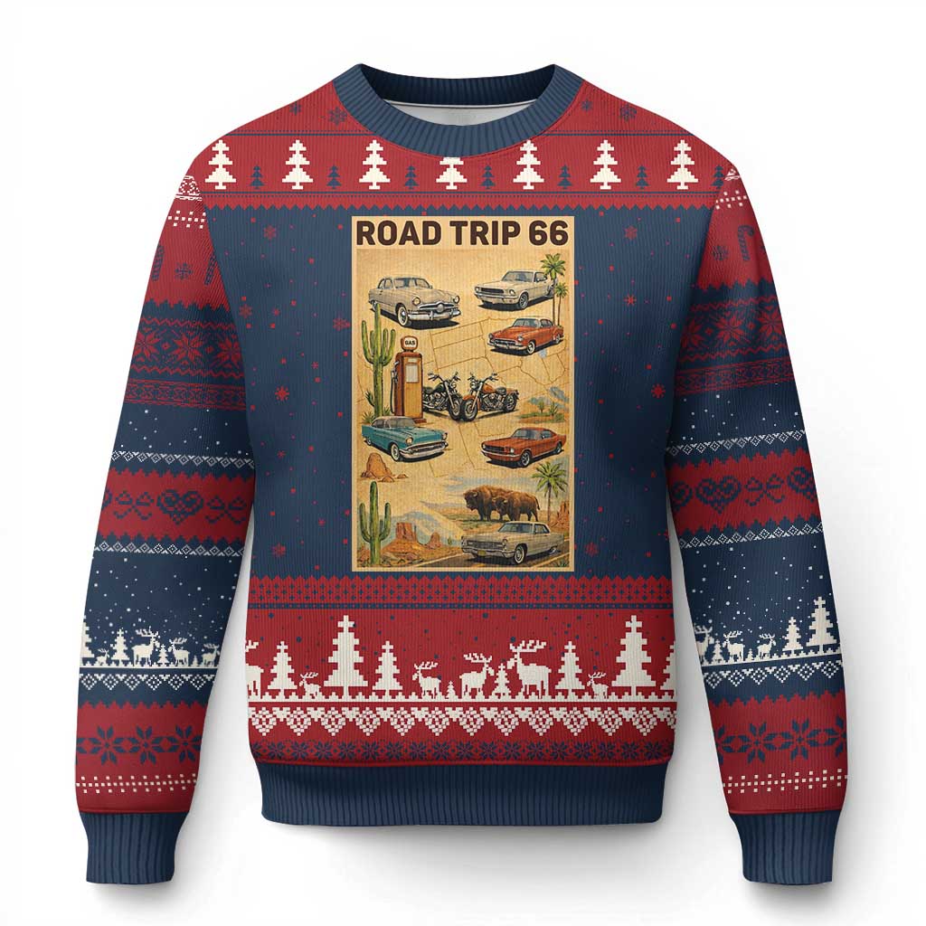 Vintage Route Highway 66 Road Trip Poster Ugly Christmas Sweater Open Road Adventure TS12 Navy Red Print Your Wear