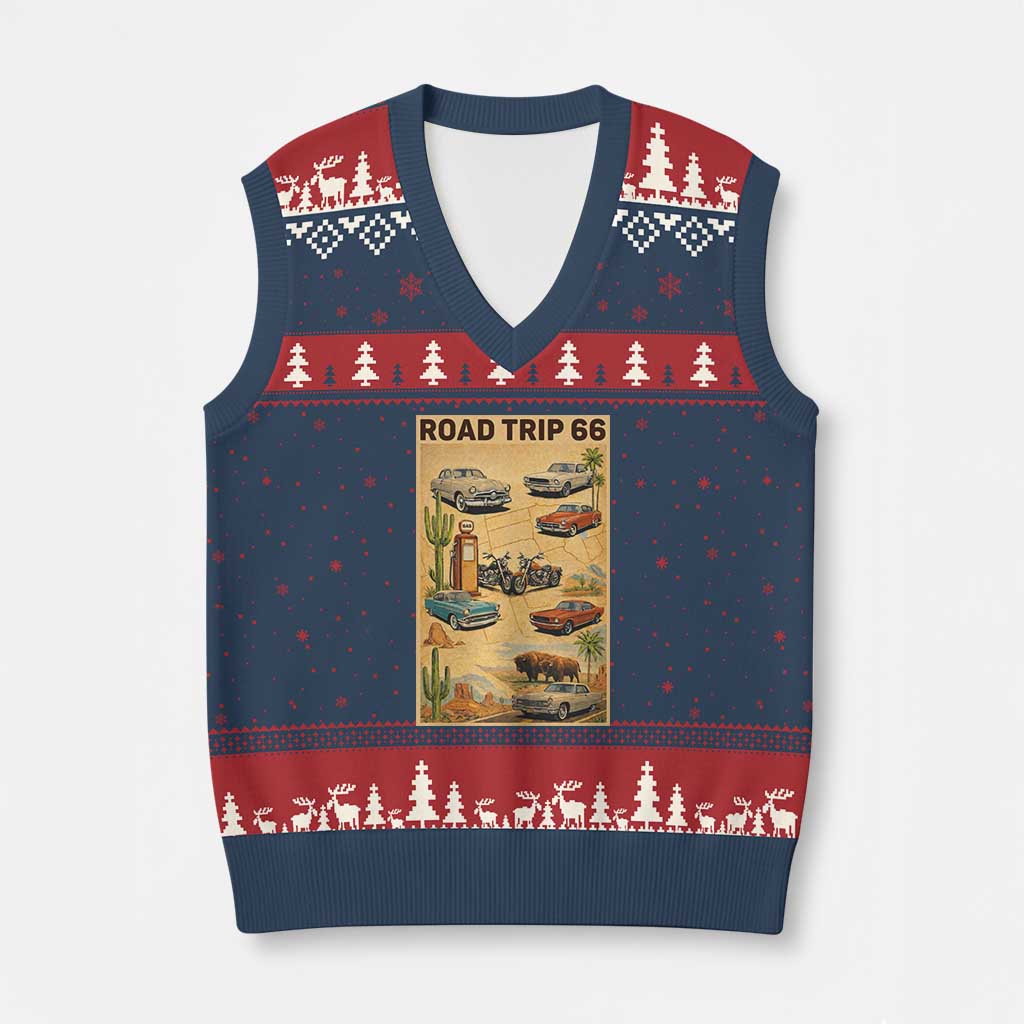 Vintage Route Highway 66 Road Trip Poster V-Neck Knit Sweater Vest Open Road Adventure TS12 Navy Red Print Your Wear