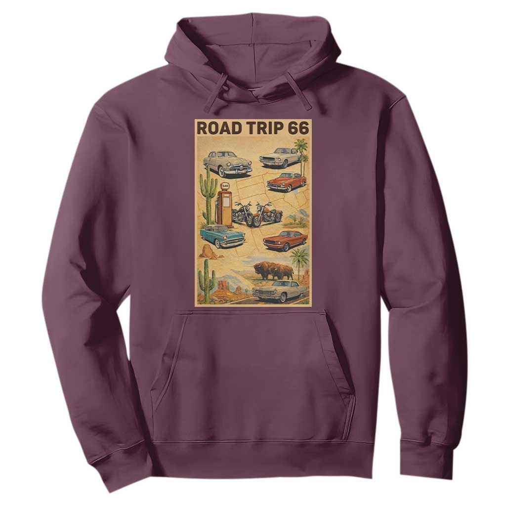 Vintage Route Highway 66 Road Trip Poster Hoodie Open Road Adventure TS12 Maroon Print Your Wear