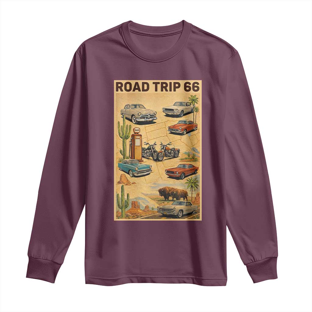 Vintage Route Highway 66 Road Trip Poster Long Sleeve Shirt Open Road Adventure TS12 Maroon Print Your Wear