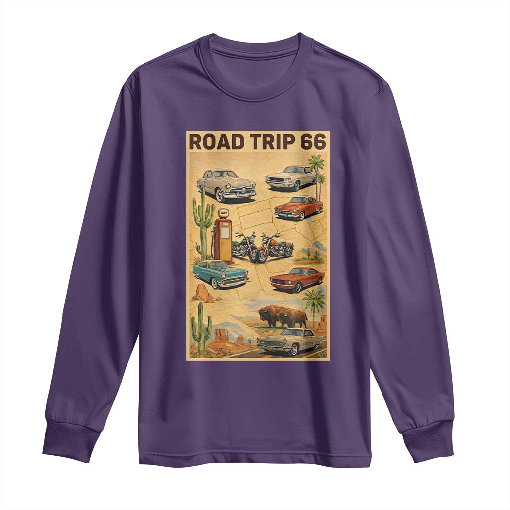 Vintage Route Highway 66 Road Trip Poster Long Sleeve Shirt Open Road Adventure TS12 Purple Print Your Wear