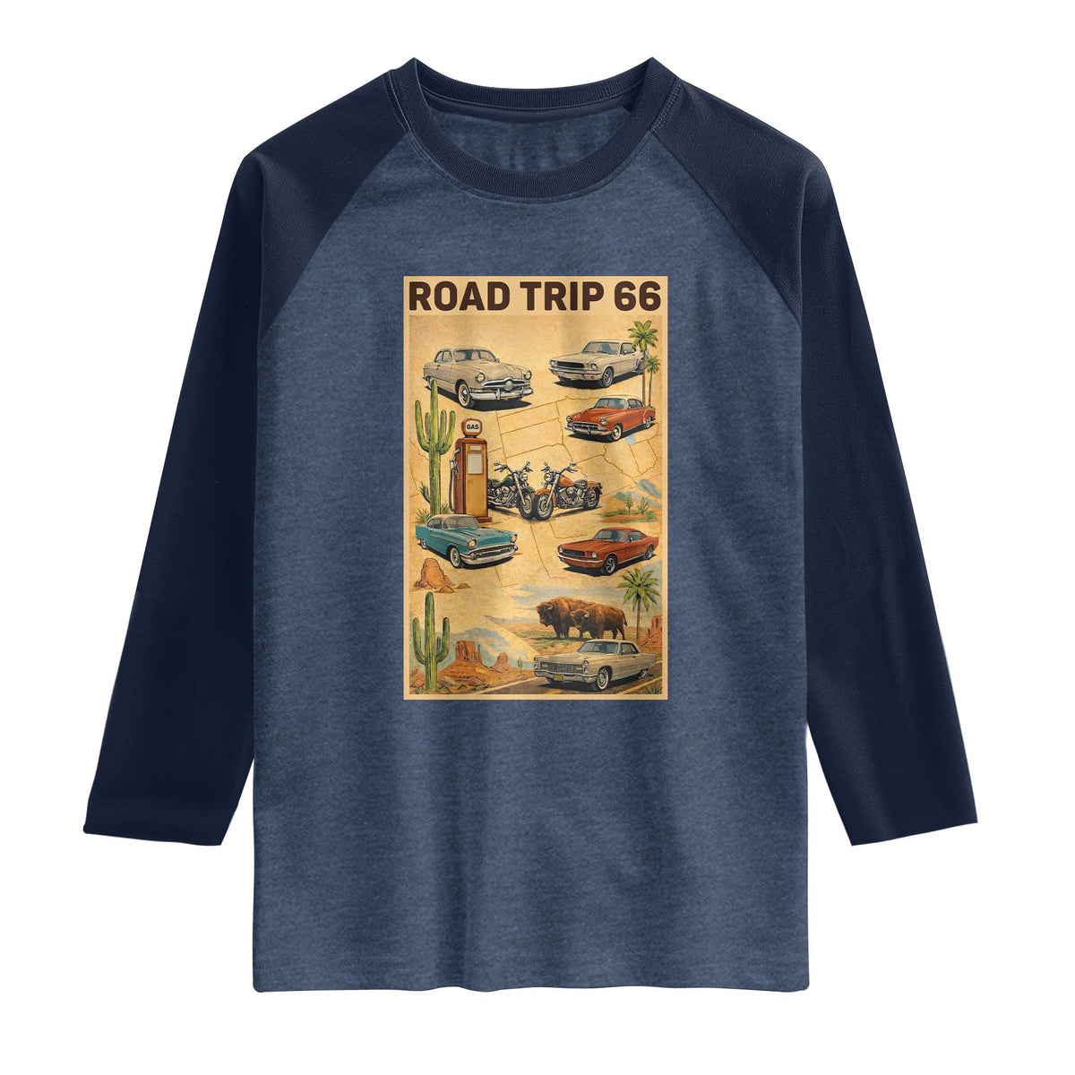 Vintage Route Highway 66 Road Trip Poster Raglan Shirt Open Road Adventure TS12 Heather Denim Navy Print Your Wear