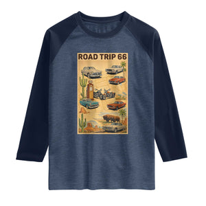 Vintage Route Highway 66 Road Trip Poster Raglan Shirt Open Road Adventure TS12 Heather Denim Navy Print Your Wear