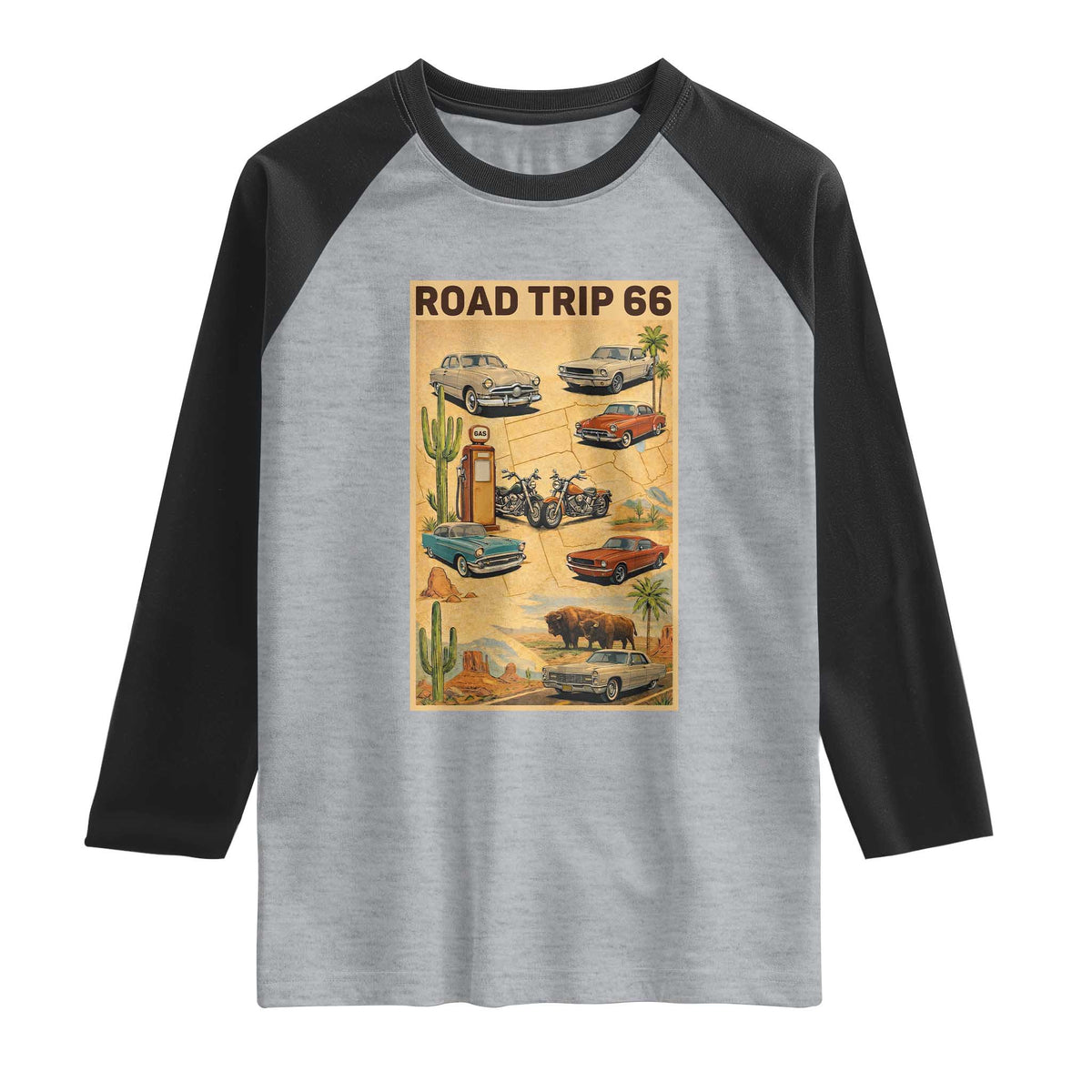 Vintage Route Highway 66 Road Trip Poster Raglan Shirt Open Road Adventure TS12 Heather Gray Black Print Your Wear