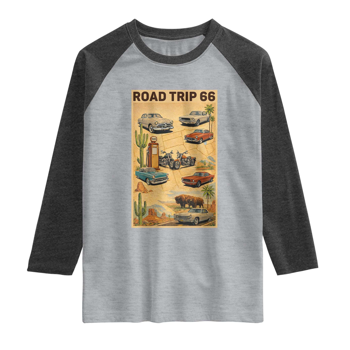 Vintage Route Highway 66 Road Trip Poster Raglan Shirt Open Road Adventure TS12 Heather Gray Heather Charcoal Print Your Wear