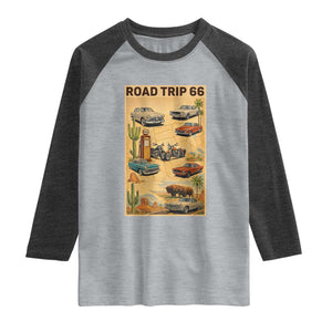 Vintage Route Highway 66 Road Trip Poster Raglan Shirt Open Road Adventure TS12 Heather Gray Heather Charcoal Print Your Wear