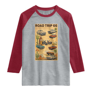 Vintage Route Highway 66 Road Trip Poster Raglan Shirt Open Road Adventure TS12 Heather Gray Heather Red Print Your Wear