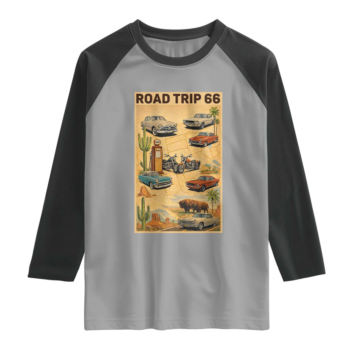Vintage Route Highway 66 Road Trip Poster Raglan Shirt Open Road Adventure TS12 Sport Gray Black Print Your Wear