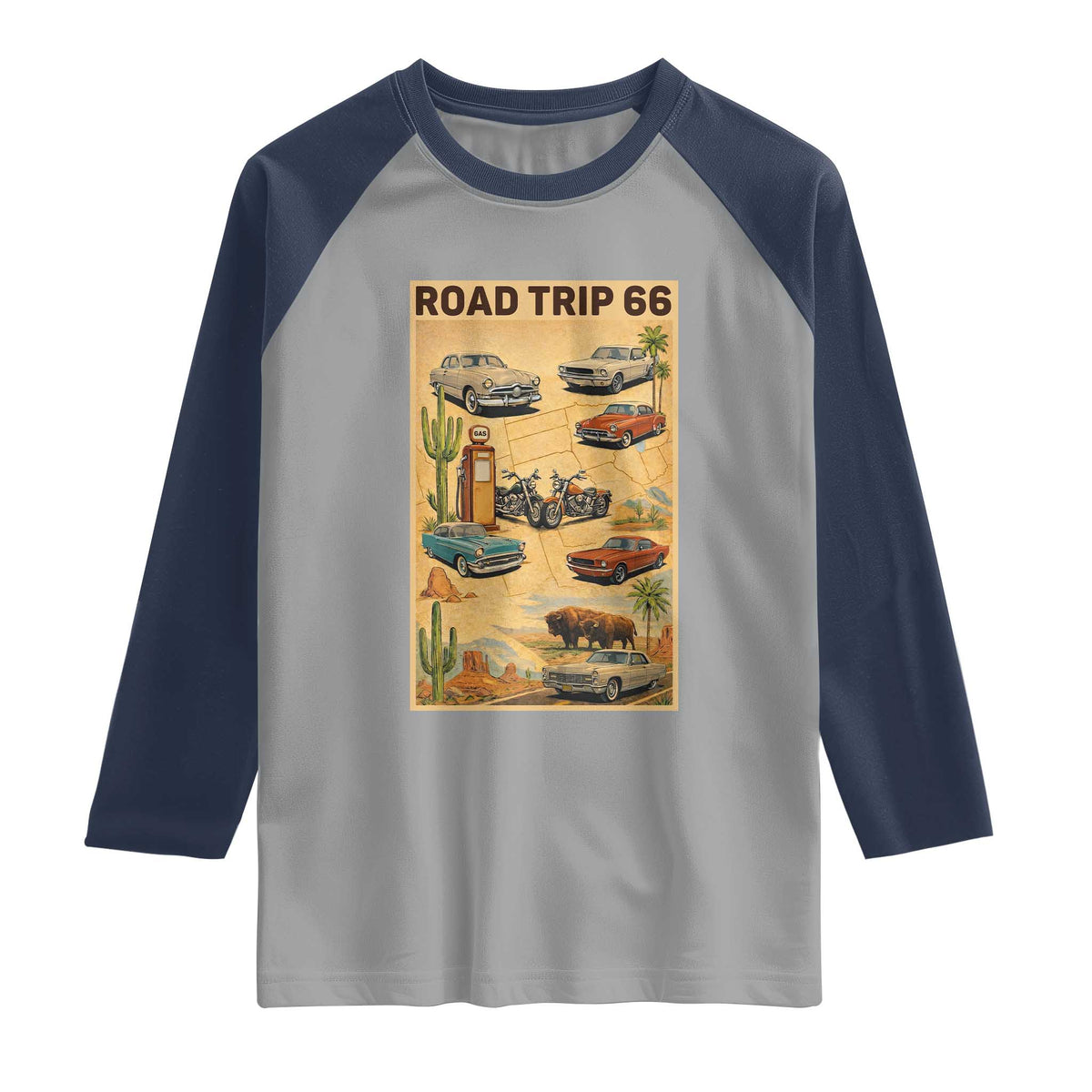 Vintage Route Highway 66 Road Trip Poster Raglan Shirt Open Road Adventure TS12 Sport Gray Navy Print Your Wear