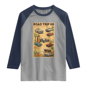 Vintage Route Highway 66 Road Trip Poster Raglan Shirt Open Road Adventure TS12 Sport Gray Navy Print Your Wear
