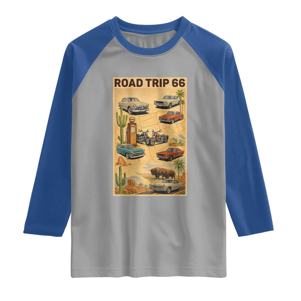 Vintage Route Highway 66 Road Trip Poster Raglan Shirt Open Road Adventure TS12 Sport Gray Royal Print Your Wear