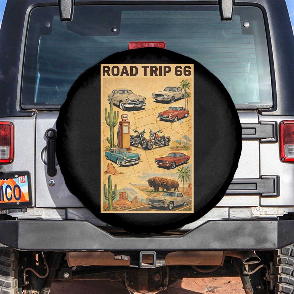 Vintage Route Highway 66 Road Trip Poster Spare Tire Cover Open Road Adventure TS12 No hole Black Print Your Wear