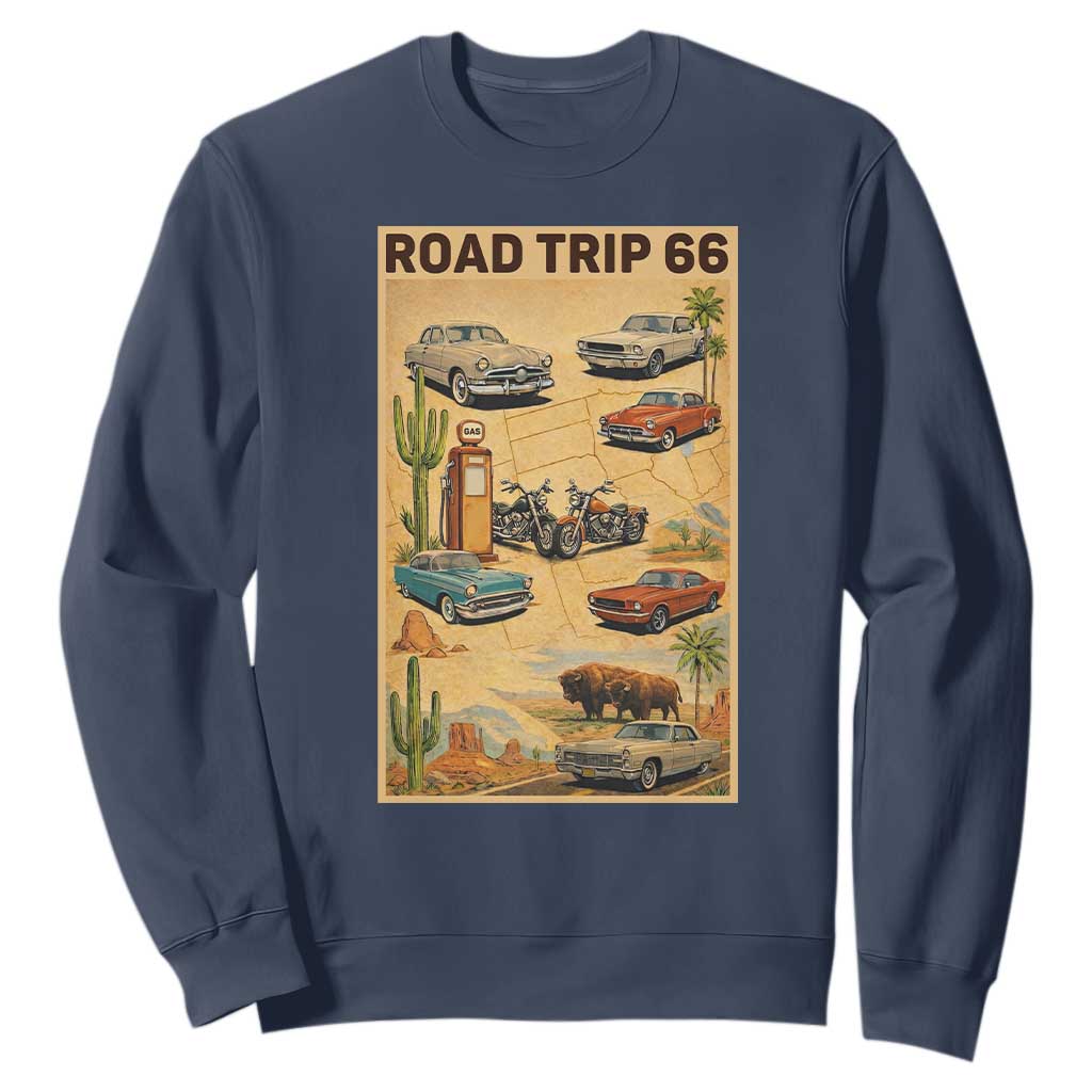 Vintage Route Highway 66 Road Trip Poster Sweatshirt Open Road Adventure TS12 Navy Print Your Wear