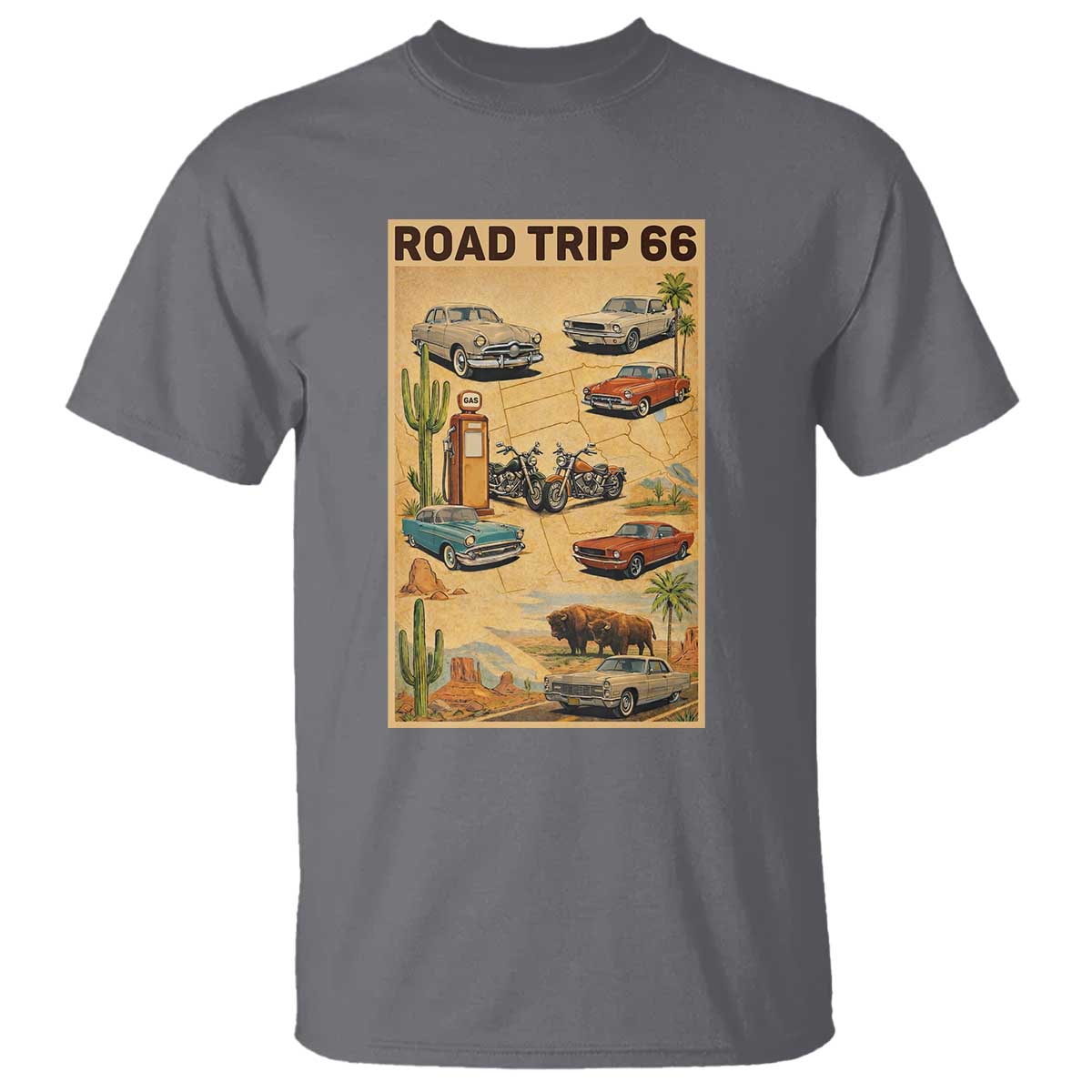 Vintage Route Highway 66 Road Trip Poster T Shirt Open Road Adventure TS12 Charcoal Print Your Wear