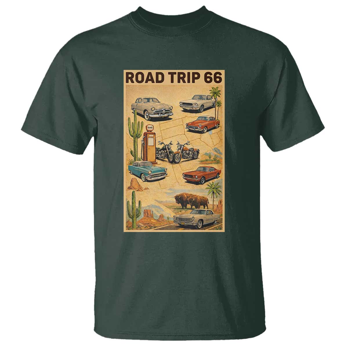 Vintage Route Highway 66 Road Trip Poster T Shirt Open Road Adventure TS12 Dark Forest Green Print Your Wear