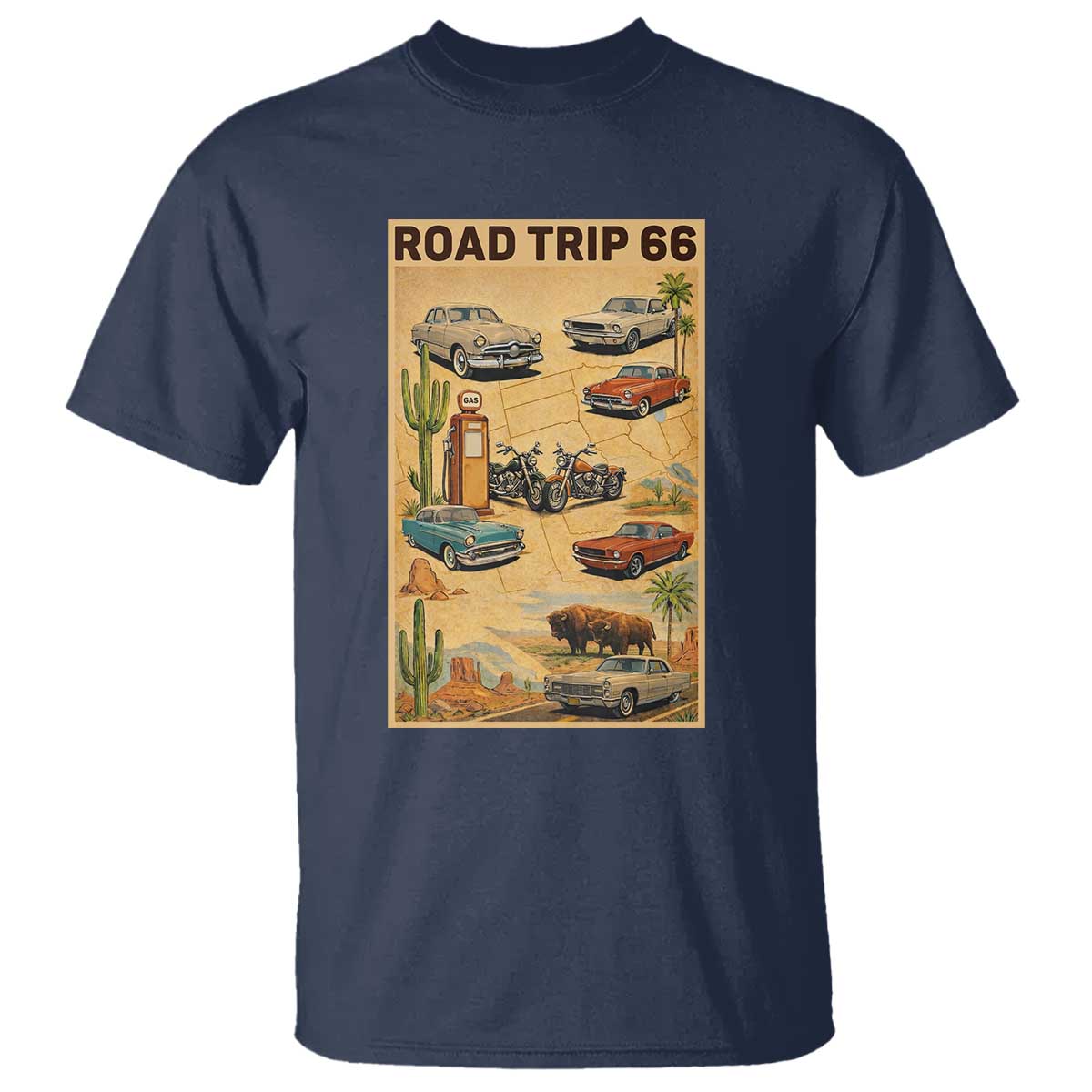 Vintage Route Highway 66 Road Trip Poster T Shirt Open Road Adventure TS12 Navy Print Your Wear