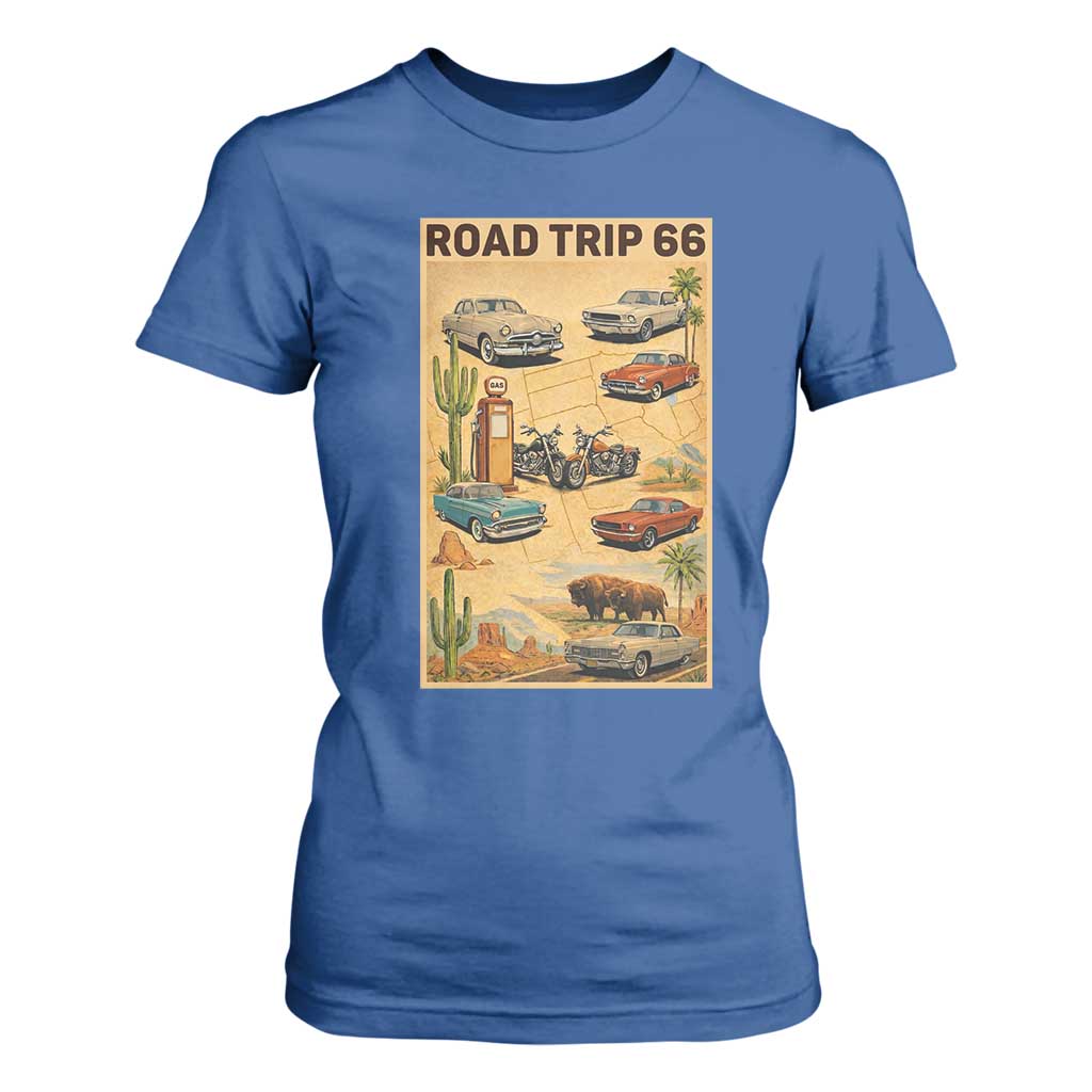 Vintage Route Highway 66 Road Trip Poster T Shirt For Women Open Road Adventure TS12 Royal Blue Print Your Wear