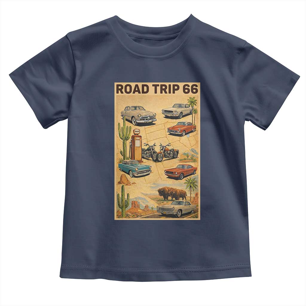 Vintage Route Highway 66 Road Trip Poster Toddler T Shirt Open Road Adventure TS12 Navy Print Your Wear