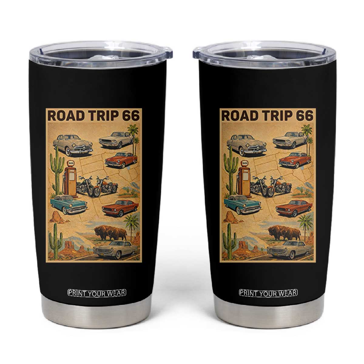 Vintage Route Highway 66 Road Trip Poster Tumbler Cup Open Road Adventure TS12 Black Print Your Wear