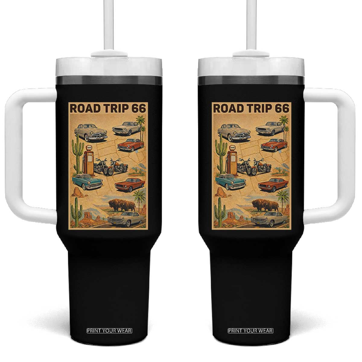 Vintage Route Highway 66 Road Trip Poster Tumbler With Handle Open Road Adventure TS12 One Size: 40 oz Black Print Your Wear