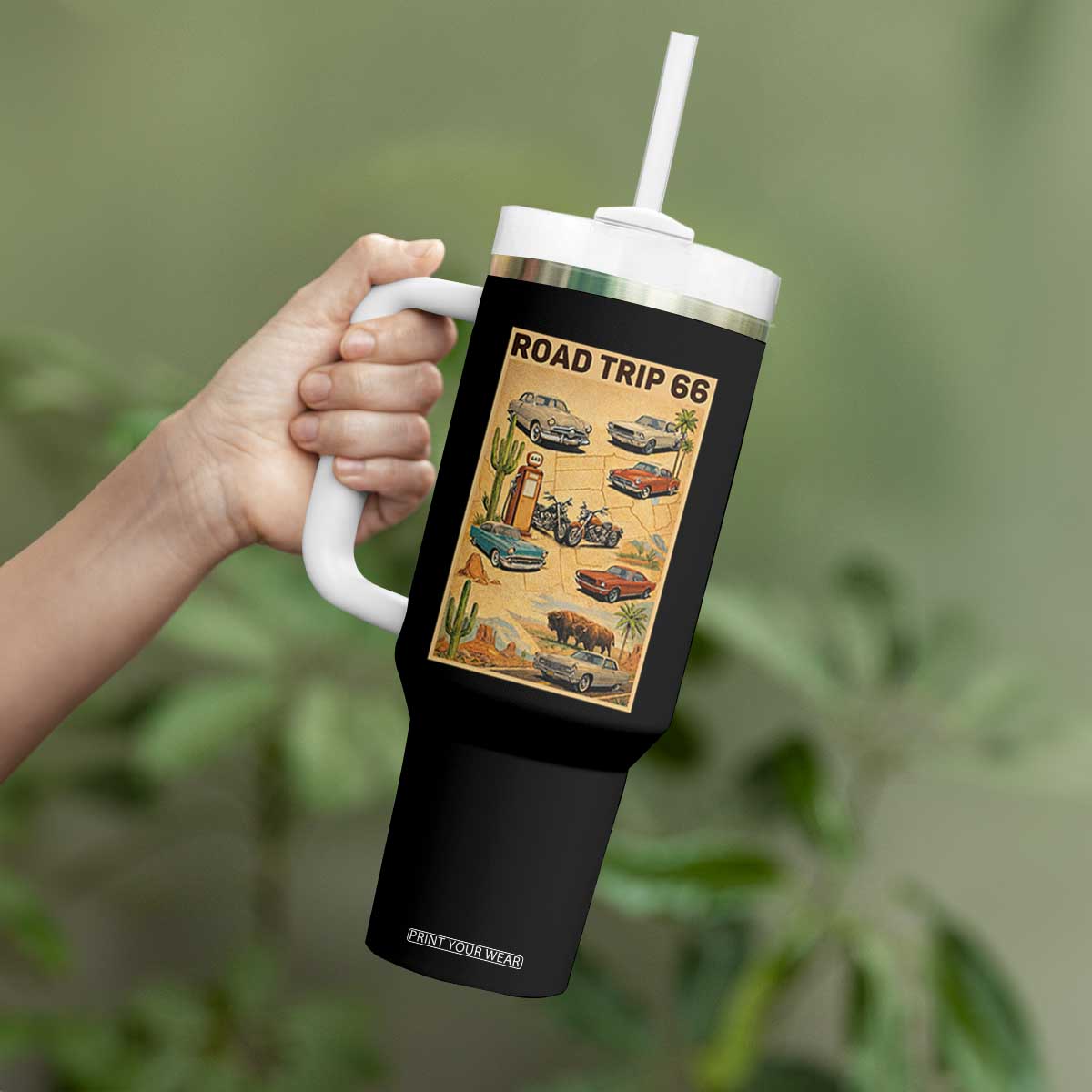 Vintage Route Highway 66 Road Trip Poster Tumbler With Handle Open Road Adventure TS12 Print Your Wear