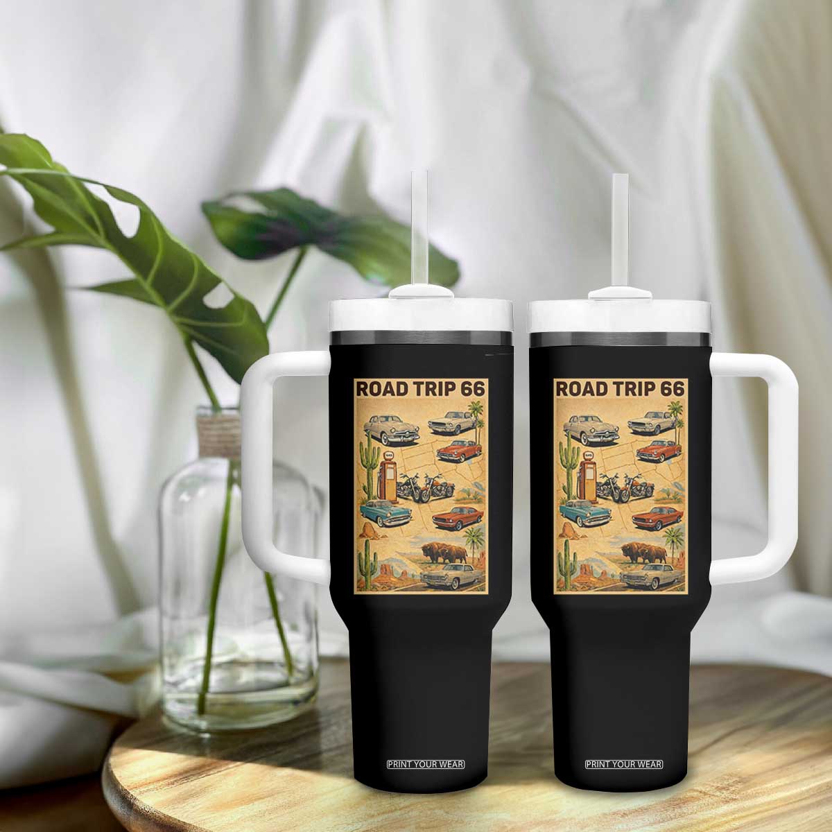 Vintage Route Highway 66 Road Trip Poster Tumbler With Handle Open Road Adventure TS12 Print Your Wear