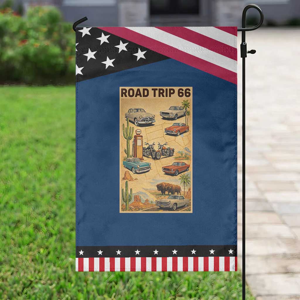 Vintage Route Highway 66 Road Trip Poster Garden Flag Open Road Adventure TS12 Classic Blue Black Print Your Wear