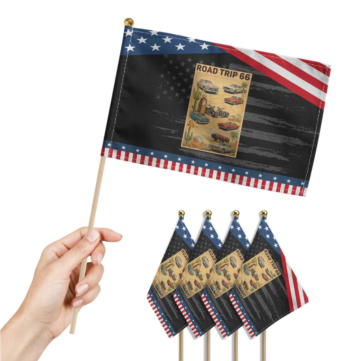 Vintage Route Highway 66 Road Trip Poster Patriotic Handheld Flag Open Road Adventure TS12 Print Your Wear