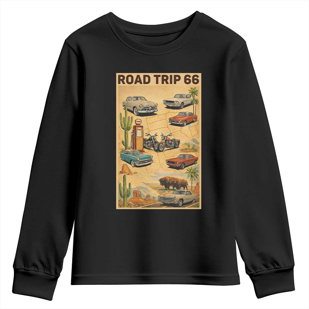 Vintage Route Highway 66 Road Trip Poster Youth Sweatshirt Open Road Adventure TS12 Black Print Your Wear