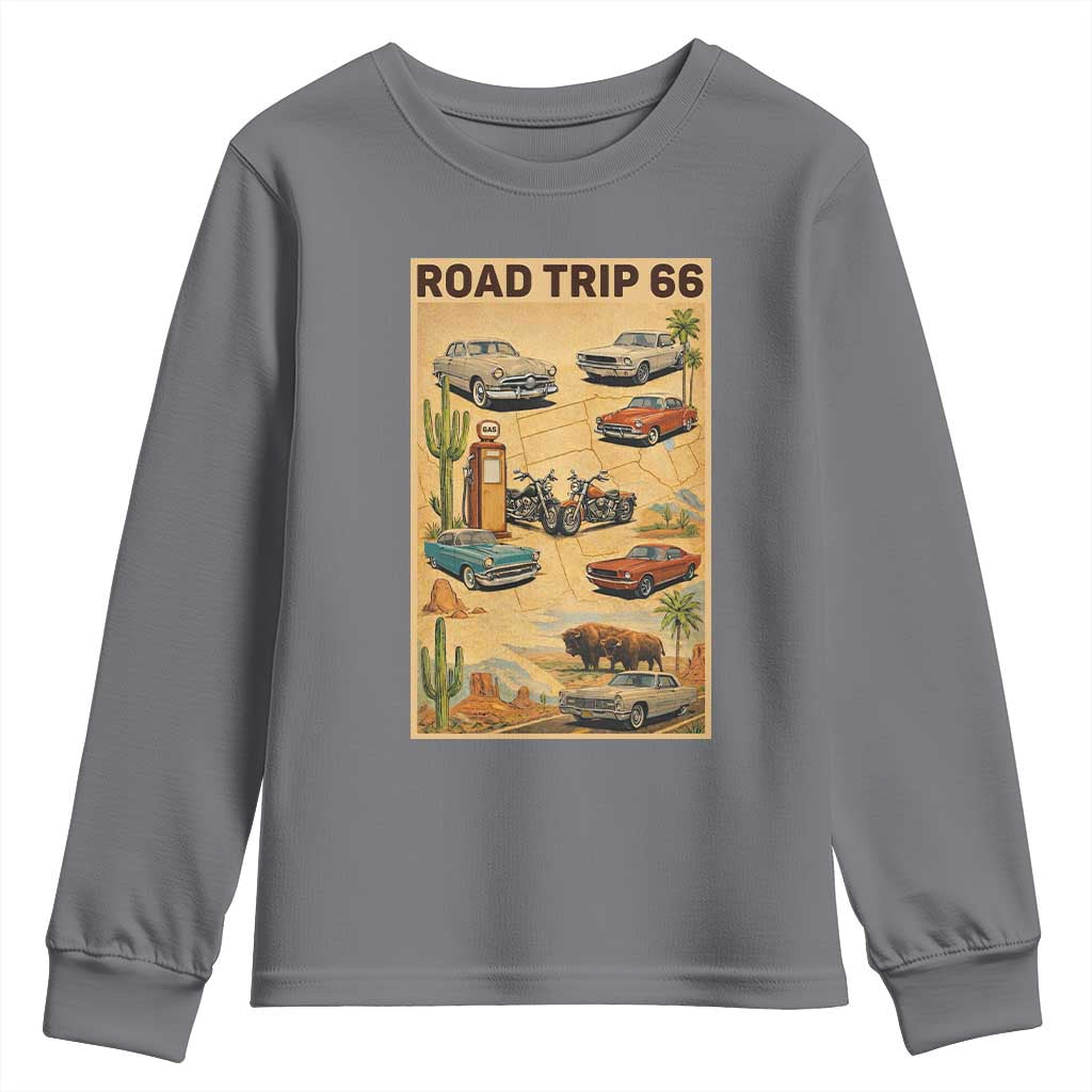 Vintage Route Highway 66 Road Trip Poster Youth Sweatshirt Open Road Adventure TS12 Charcoal Print Your Wear