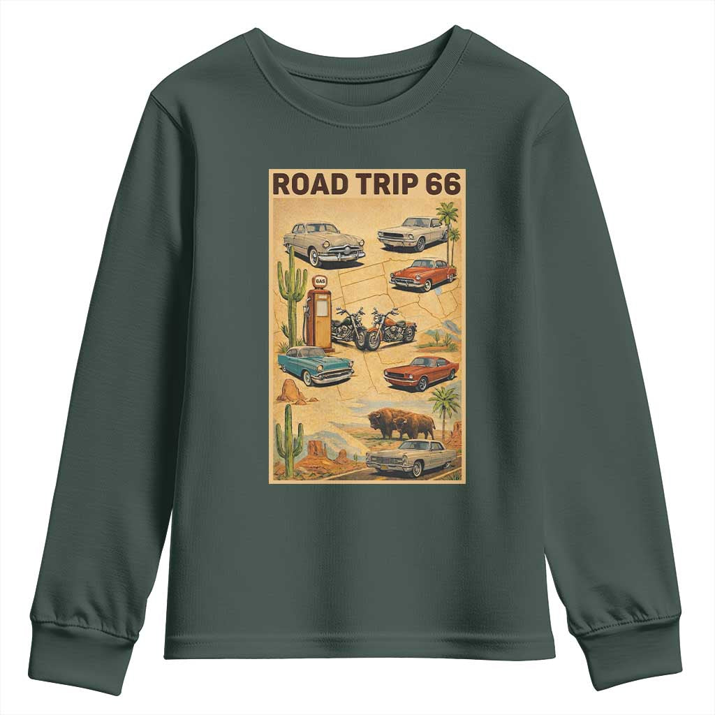 Vintage Route Highway 66 Road Trip Poster Youth Sweatshirt Open Road Adventure TS12 Dark Forest Green Print Your Wear