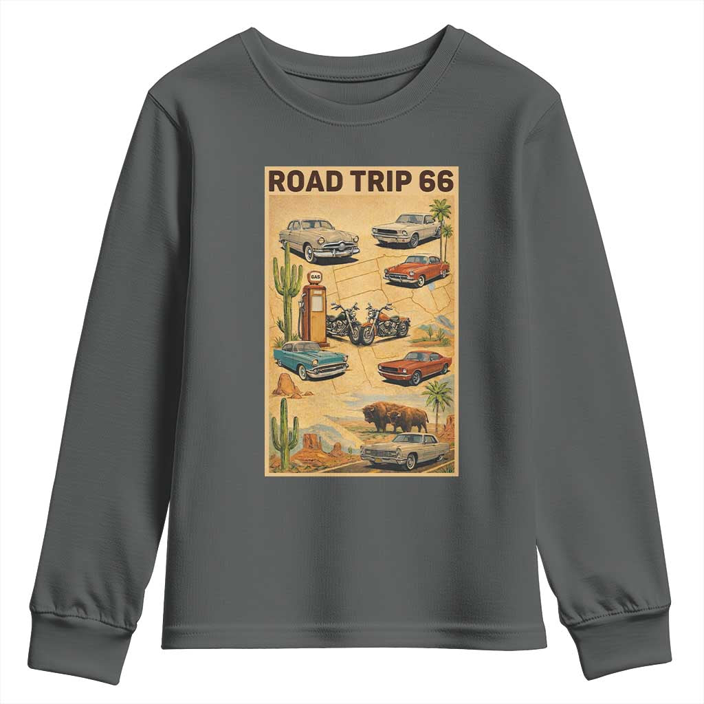 Vintage Route Highway 66 Road Trip Poster Youth Sweatshirt Open Road Adventure TS12 Dark Heather Print Your Wear