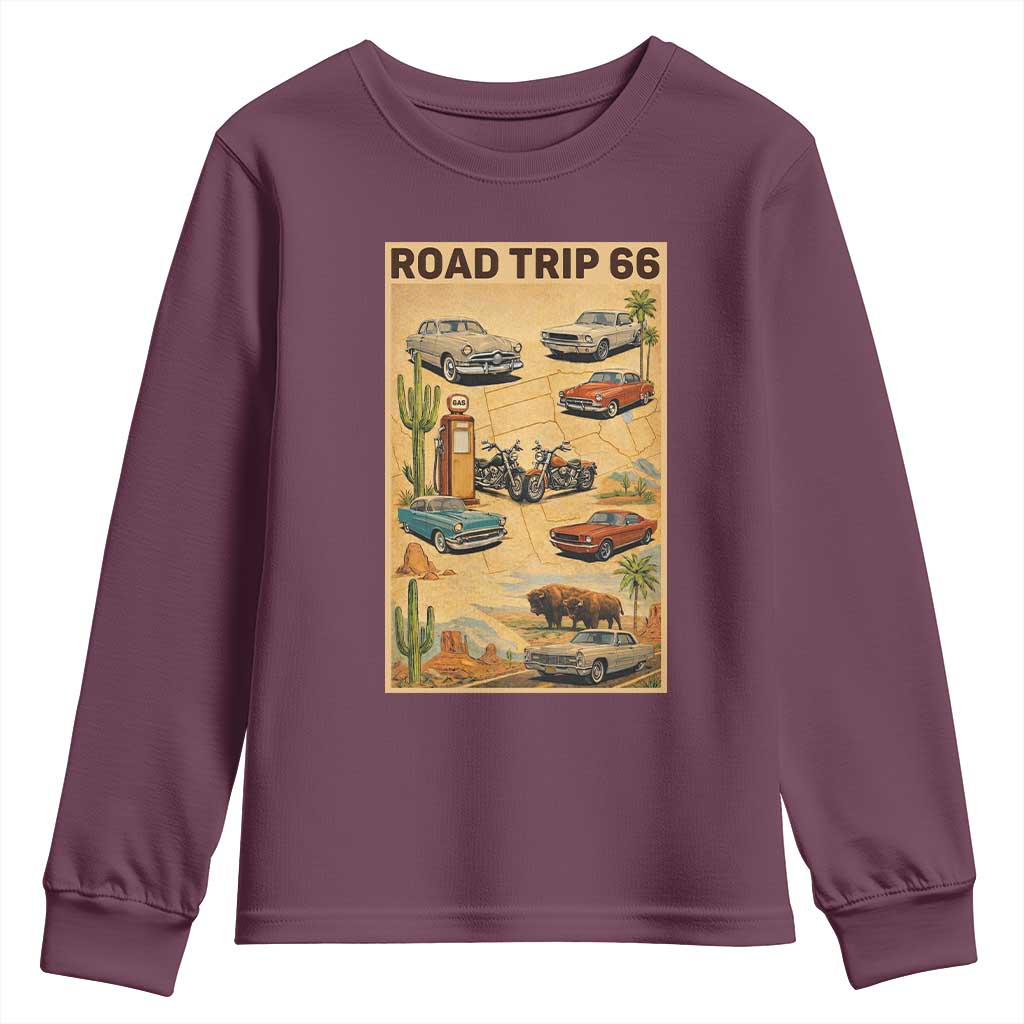 Vintage Route Highway 66 Road Trip Poster Youth Sweatshirt Open Road Adventure TS12 Maroon Print Your Wear