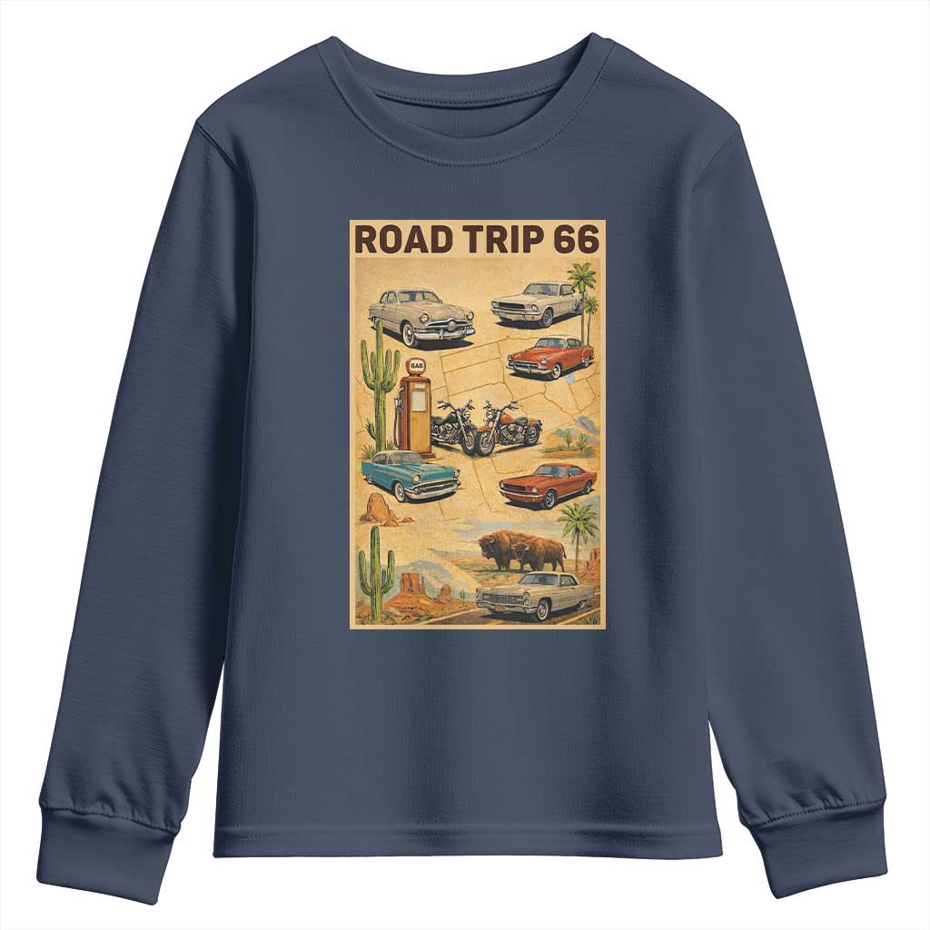 Vintage Route Highway 66 Road Trip Poster Youth Sweatshirt Open Road Adventure TS12 Navy Print Your Wear