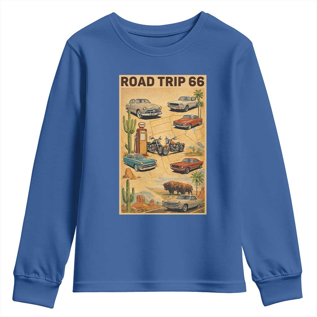 Vintage Route Highway 66 Road Trip Poster Youth Sweatshirt Open Road Adventure TS12 Royal Blue Print Your Wear