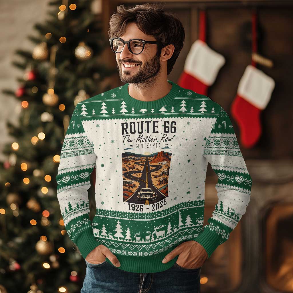Route Highway 66 Mother Road Ugly Christmas Sweater Vintage Distressed Road Trip Adventure TS12 Beige Green Print Your Wear
