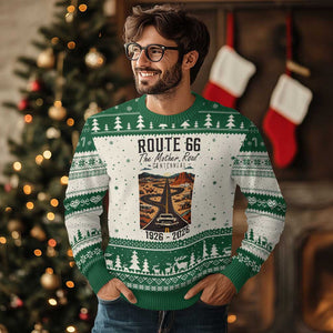 Route Highway 66 Mother Road Ugly Christmas Sweater Vintage Distressed Road Trip Adventure TS12 Beige Green Print Your Wear