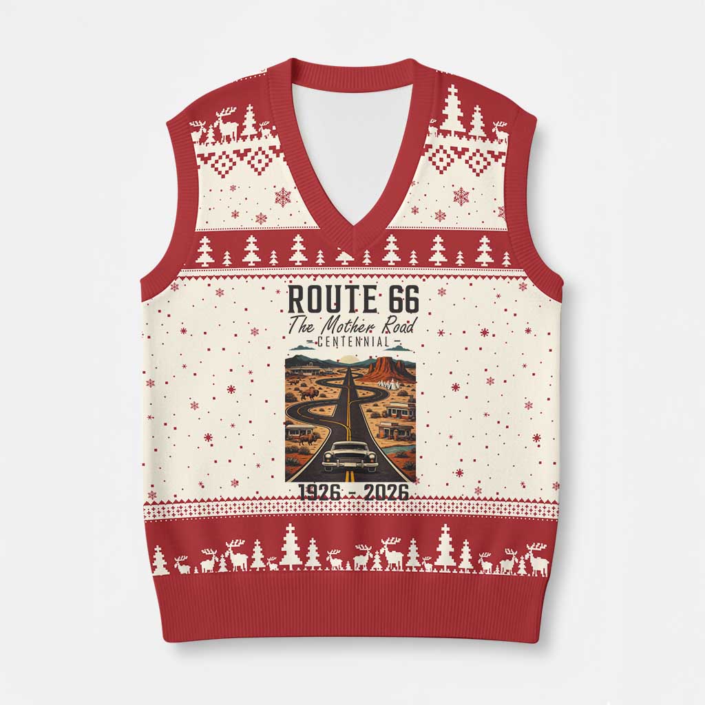 Route Highway 66 Mother Road V-Neck Knit Sweater Vest Vintage Distressed Road Trip Adventure TS12 Beige Red Print Your Wear